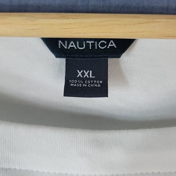 Nautica Womens 3/4 Sleeve Top White XXL Blue Flip Cuffs Crew Neck 100% Cotton - Picture 6 of 6